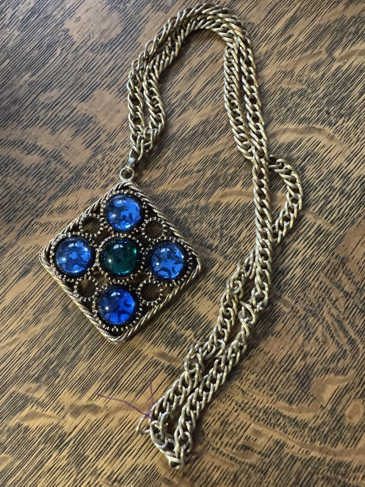 Vintage Florenza Maltese Style Cross Pendant Necklace Blue Green