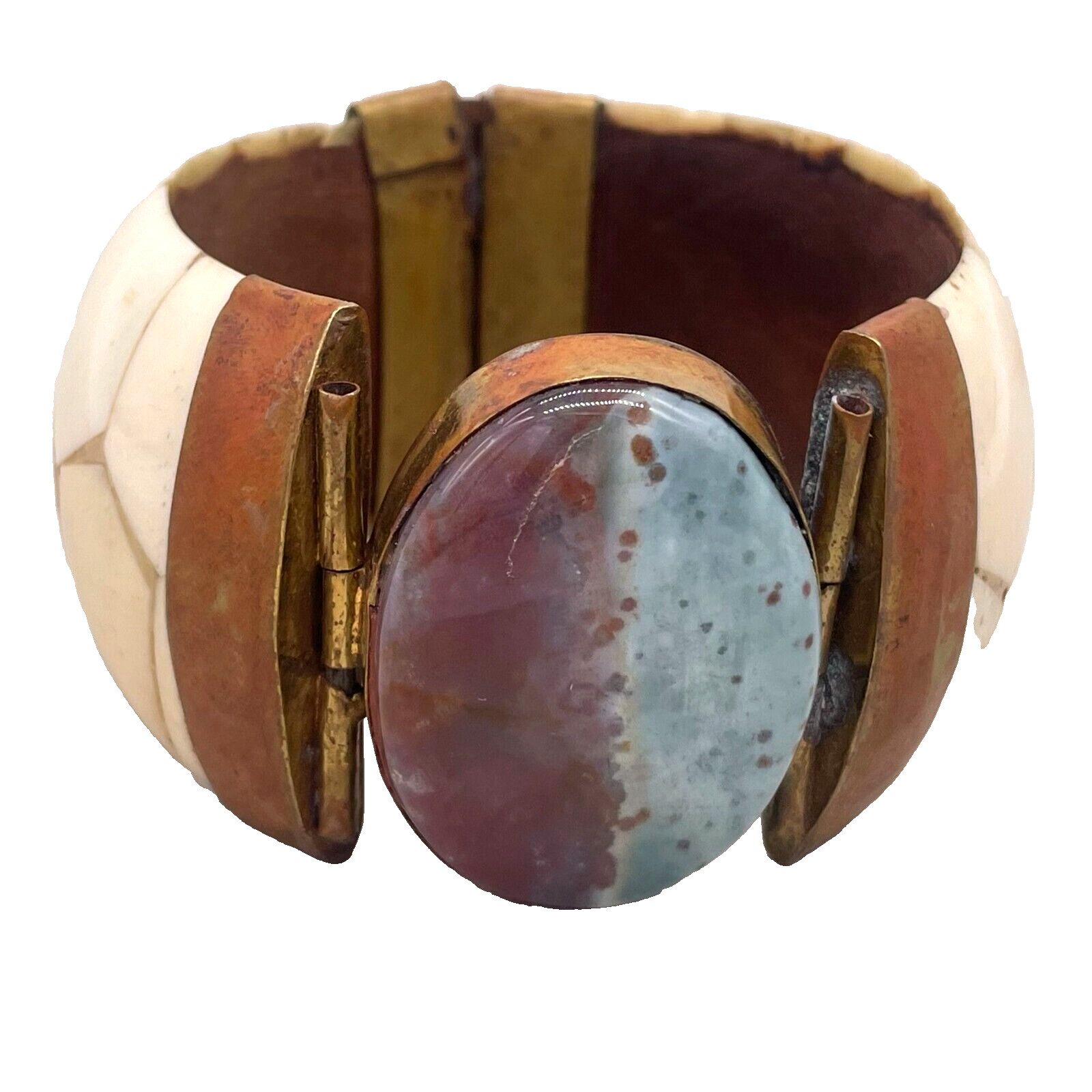 Vintage Brass Stone Wide Bangle Hinged Pin Bracelet Chunky African Tribal Ethnic