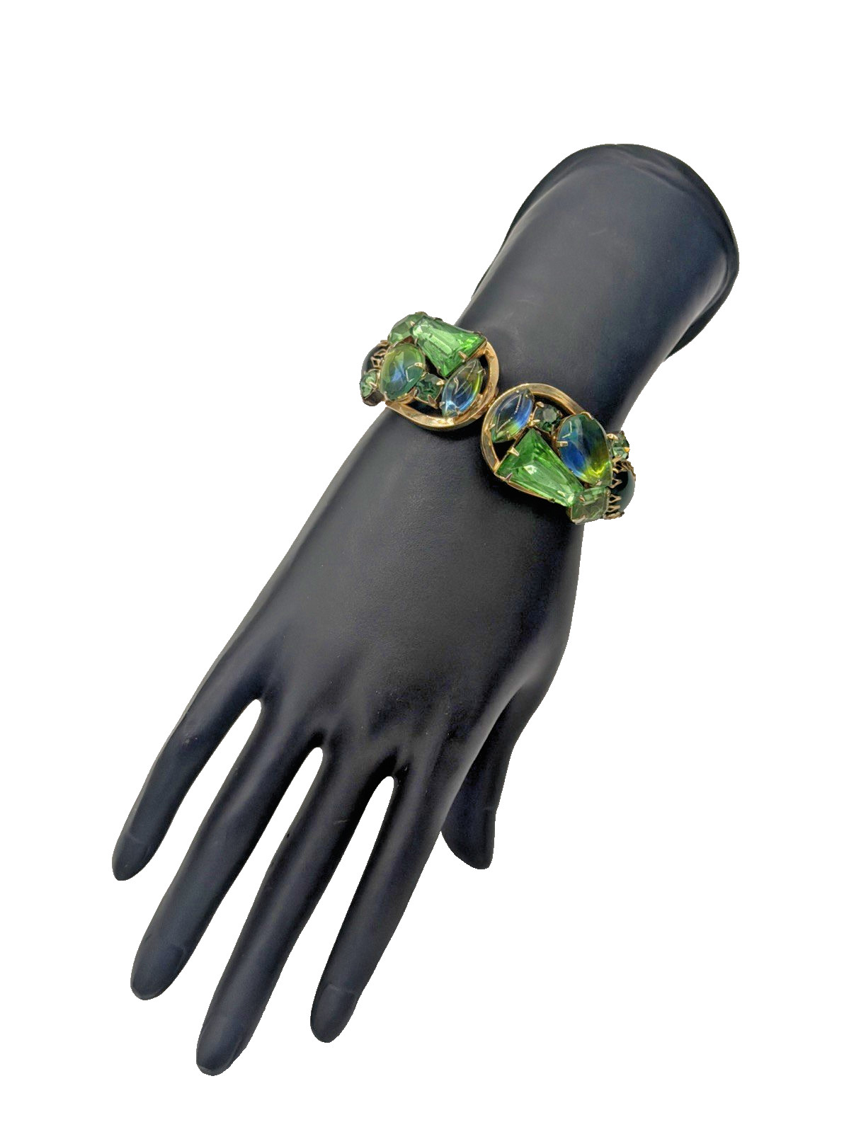 Vintage Gold Tone Bracelet w/ Blue & Green Stones • Bold Statement Jewelry