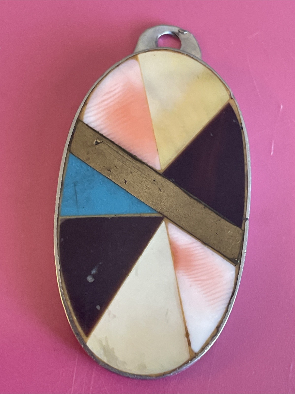 Vintage Mother Of Pearl & Stone Pendant Oval Shape Silver Tone 2 In