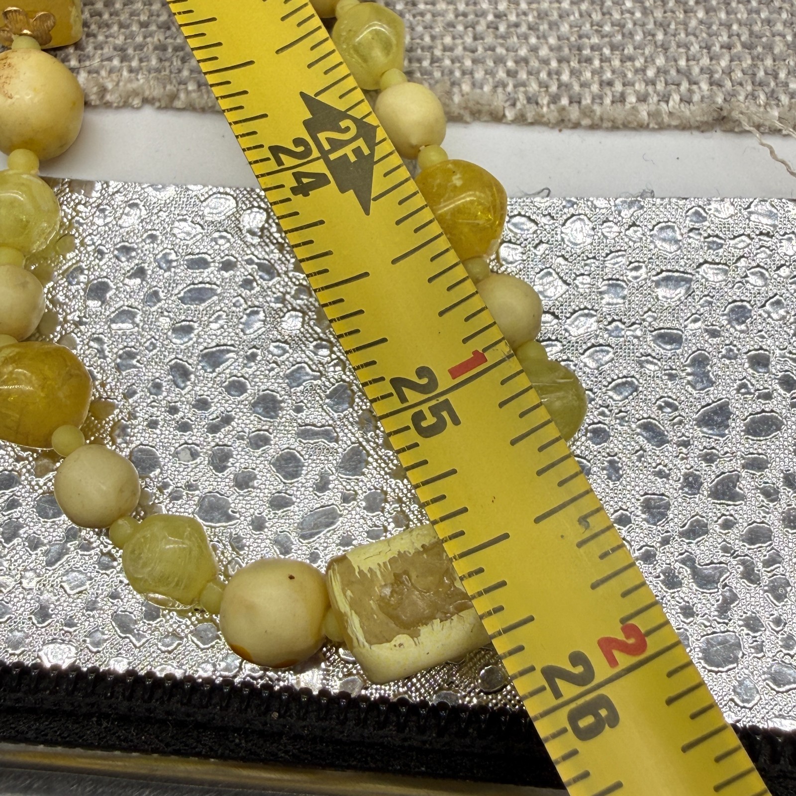 Vintage Necklace Mottled Acrylic Lucite Beads Yellow Green Opera Length 51 Inch