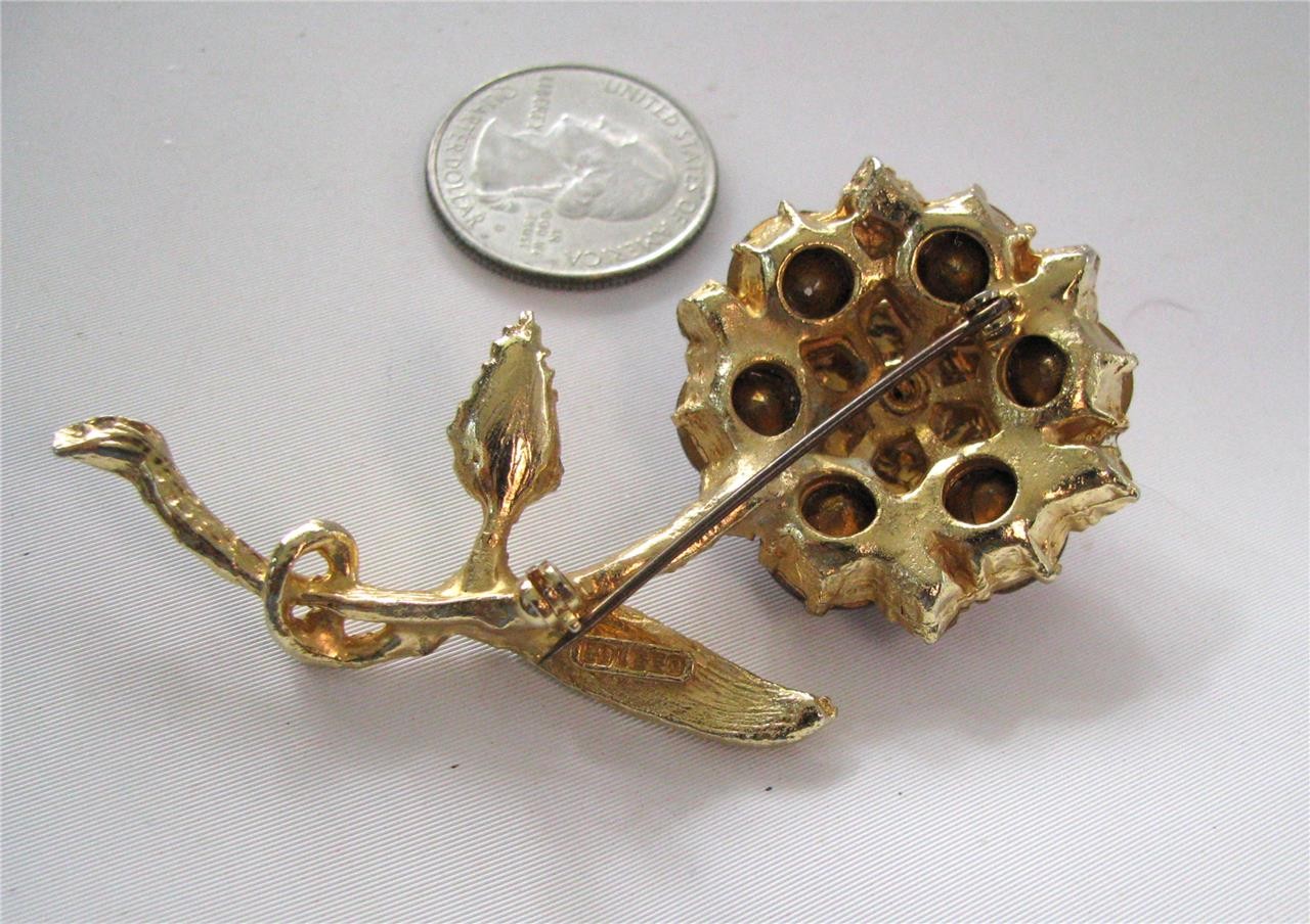 Vintage EdLee Lavender Pink Rhinestone Flower Brooch Pin Gold Plated Dazzling 3″