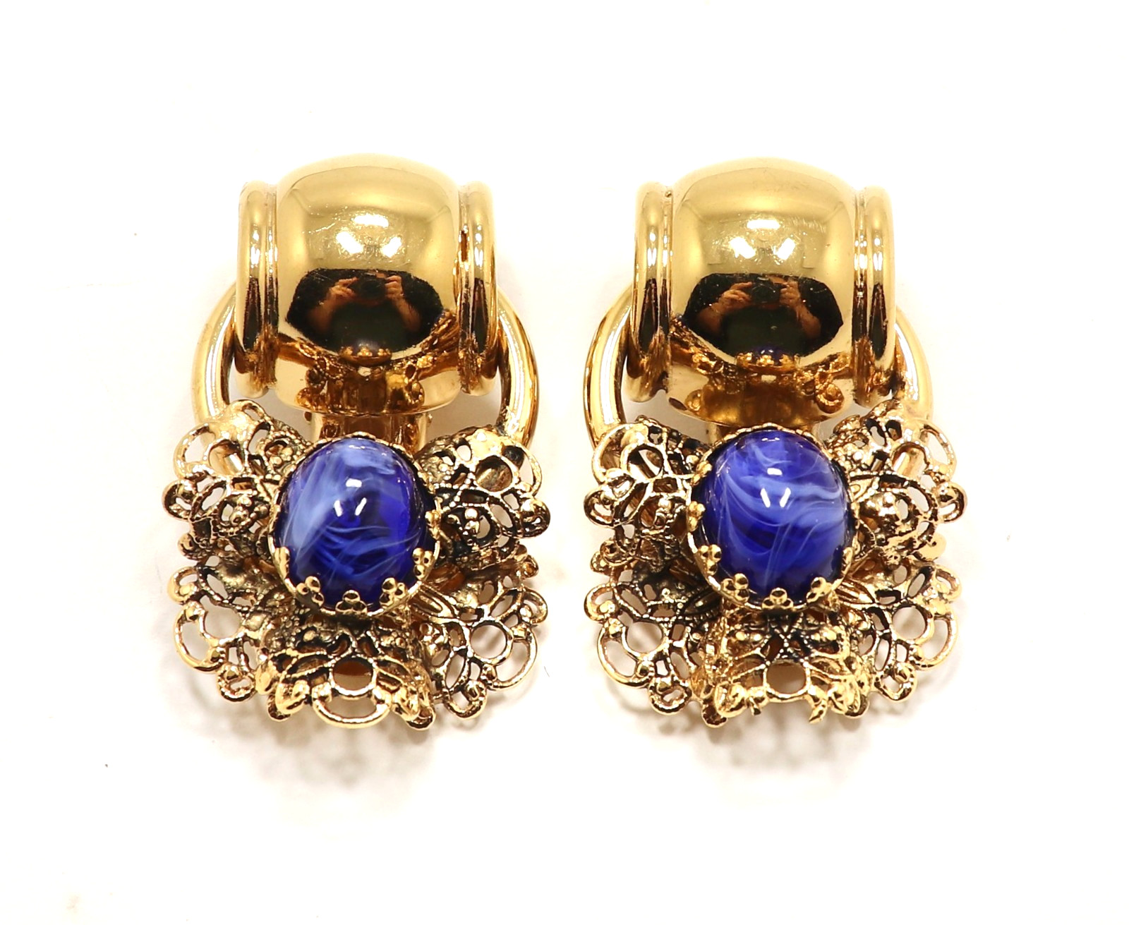 VINTAGE SIGNED JASPER BLUE CABOCHON PORPHYRY FILIGREE CLIP ON DANGLING EARRINGS