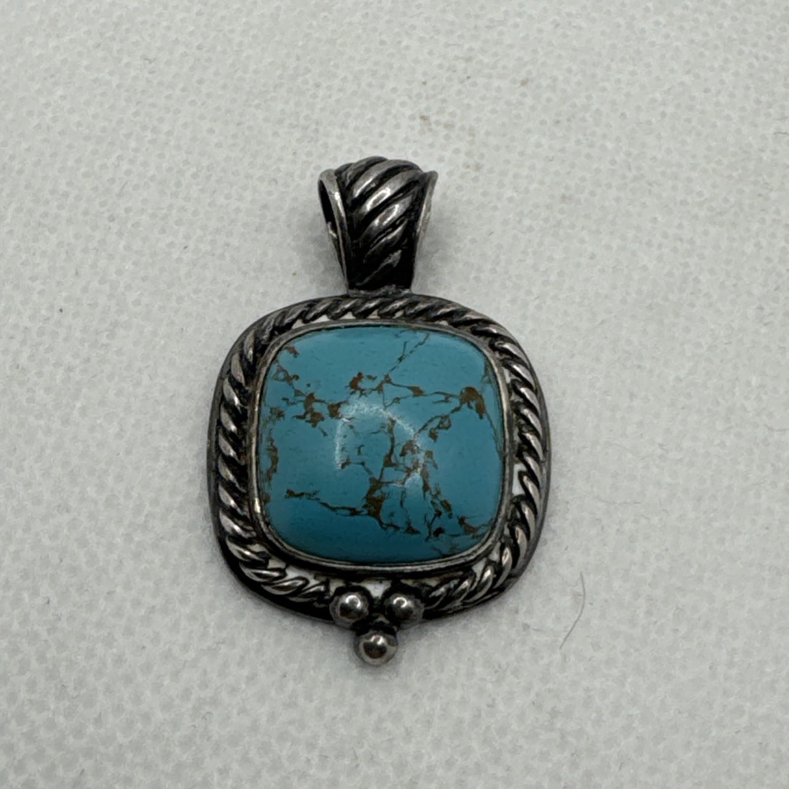 Vintage GSJ 925 Sterling Silver Rope Style Turquoise Rounded Sq Pendant 6.39g