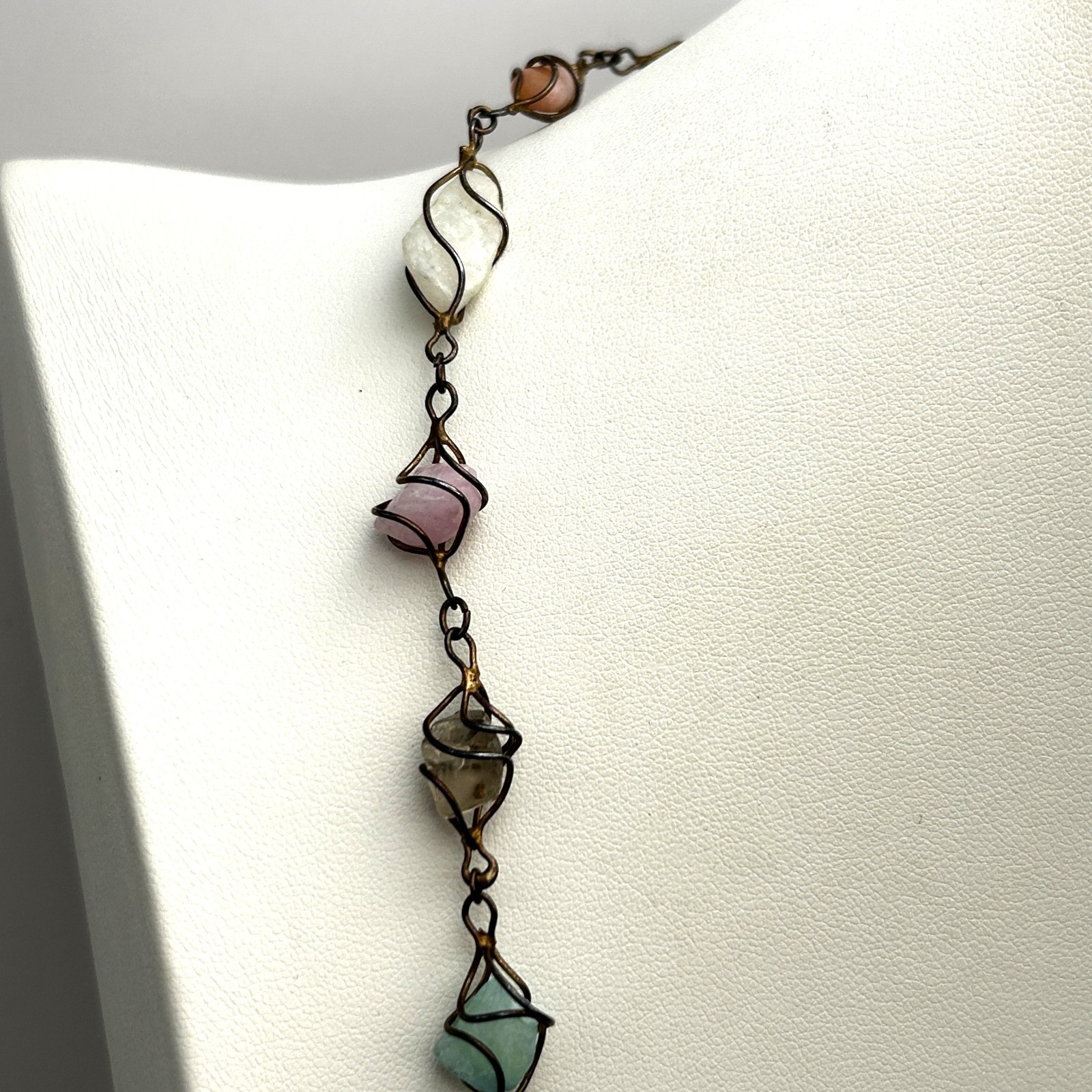 Vintage Gemstone Wire Wrapped 30” Necklace Garnet Jadeite Quartz Artisan Boho