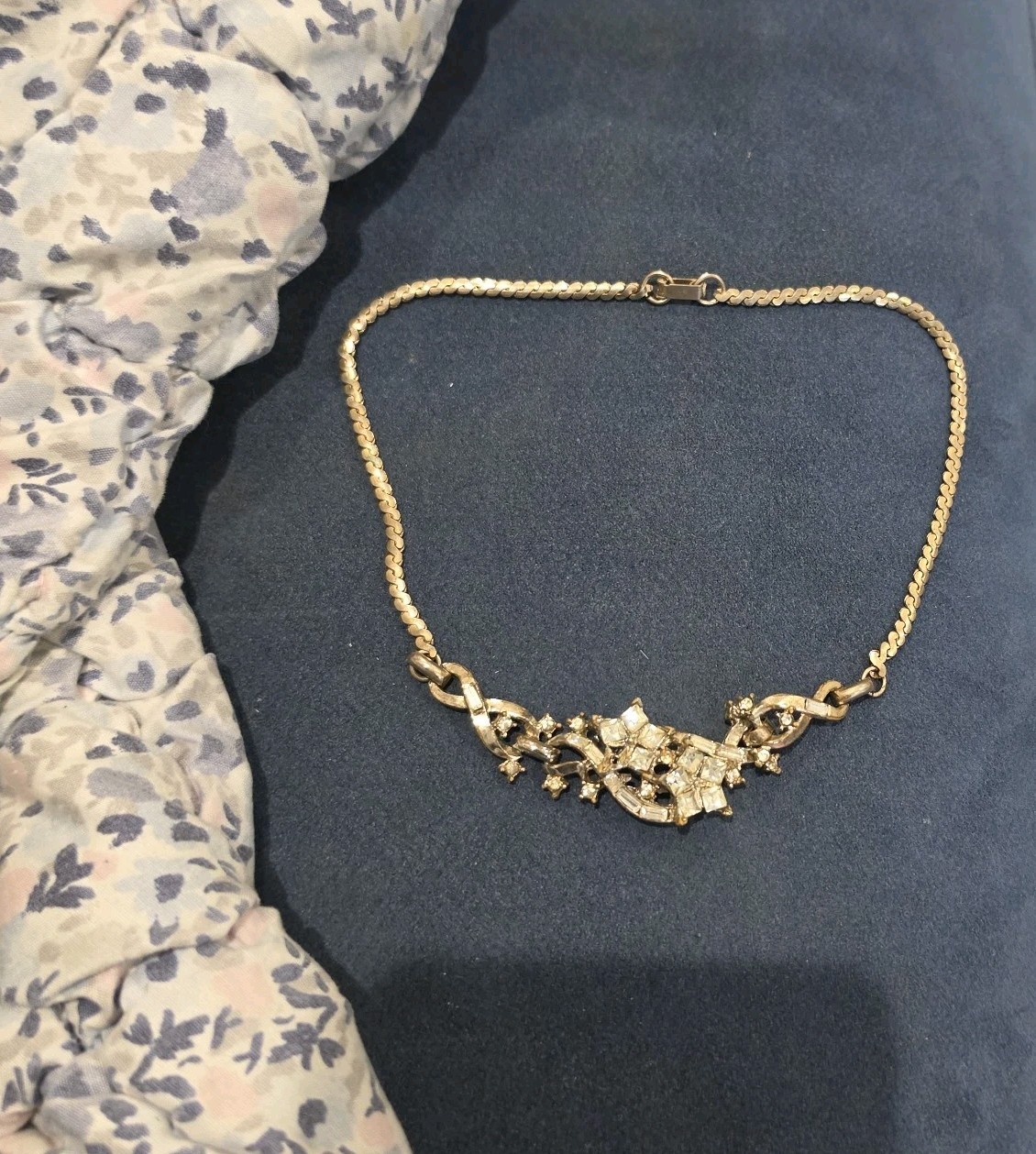 Vintage Gold Tone Clear Rhinestone Choker Necklace Ornate Square Baguette Stones
