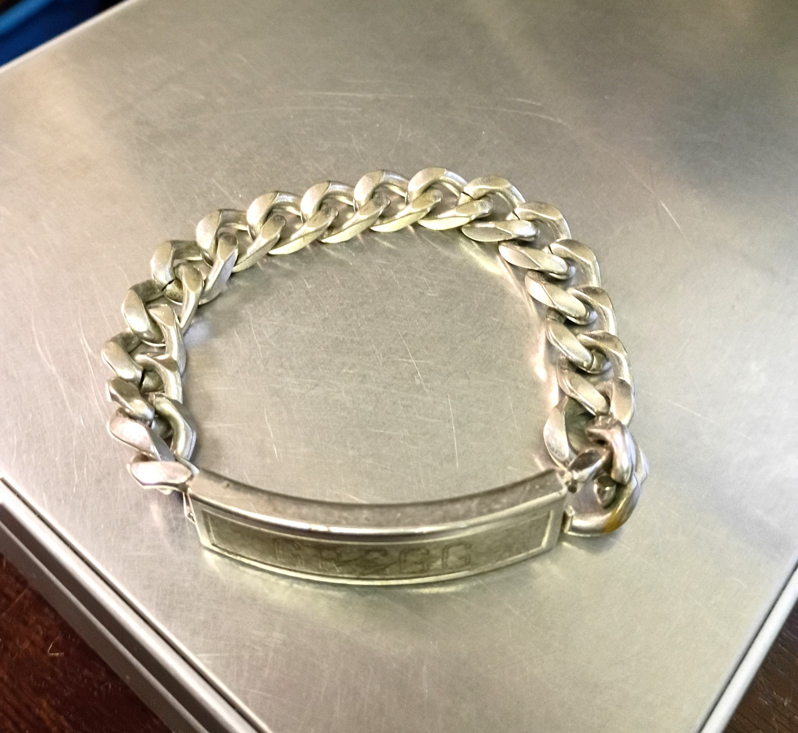 Vintage Speidel USA ID Bracelet Rhodium Electroplate Engraved GREGG