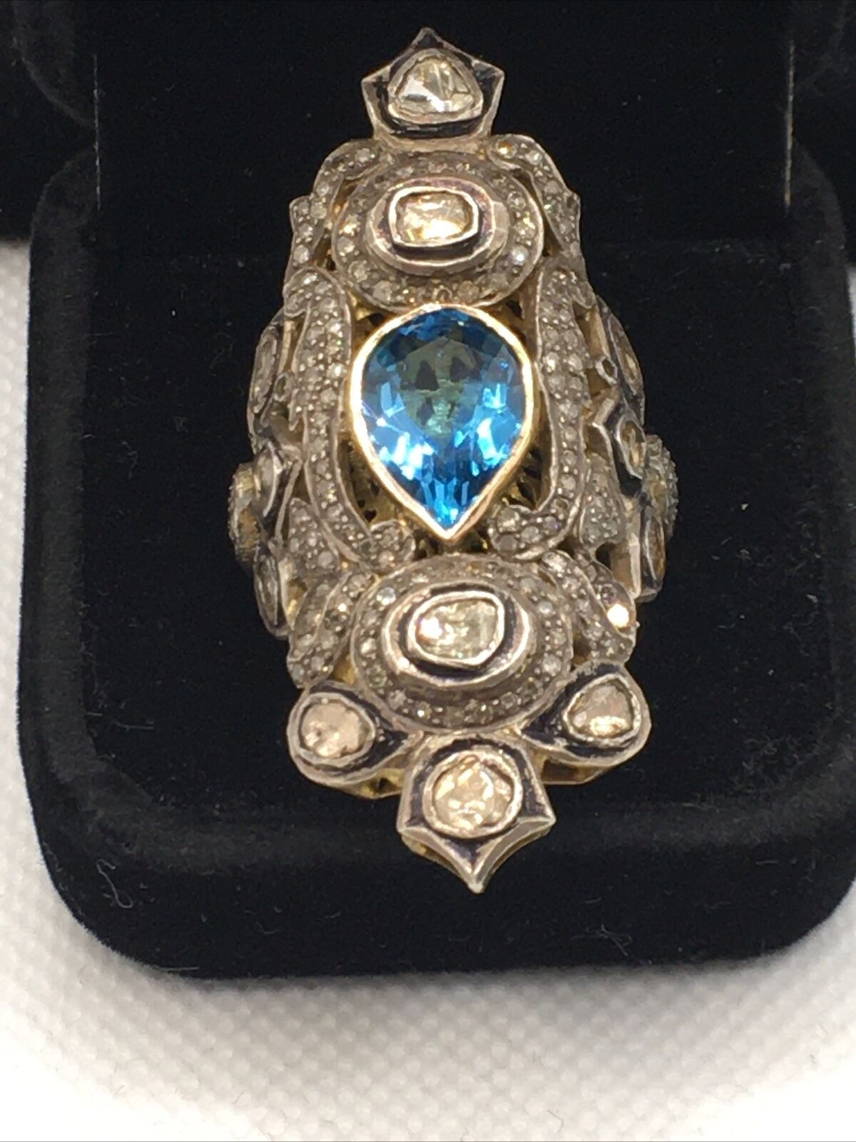 Vintage 14K Two Tone Gold 2.75TCW Diamonds & 3.40CTW Blue Topaz Ring 19.3gr.