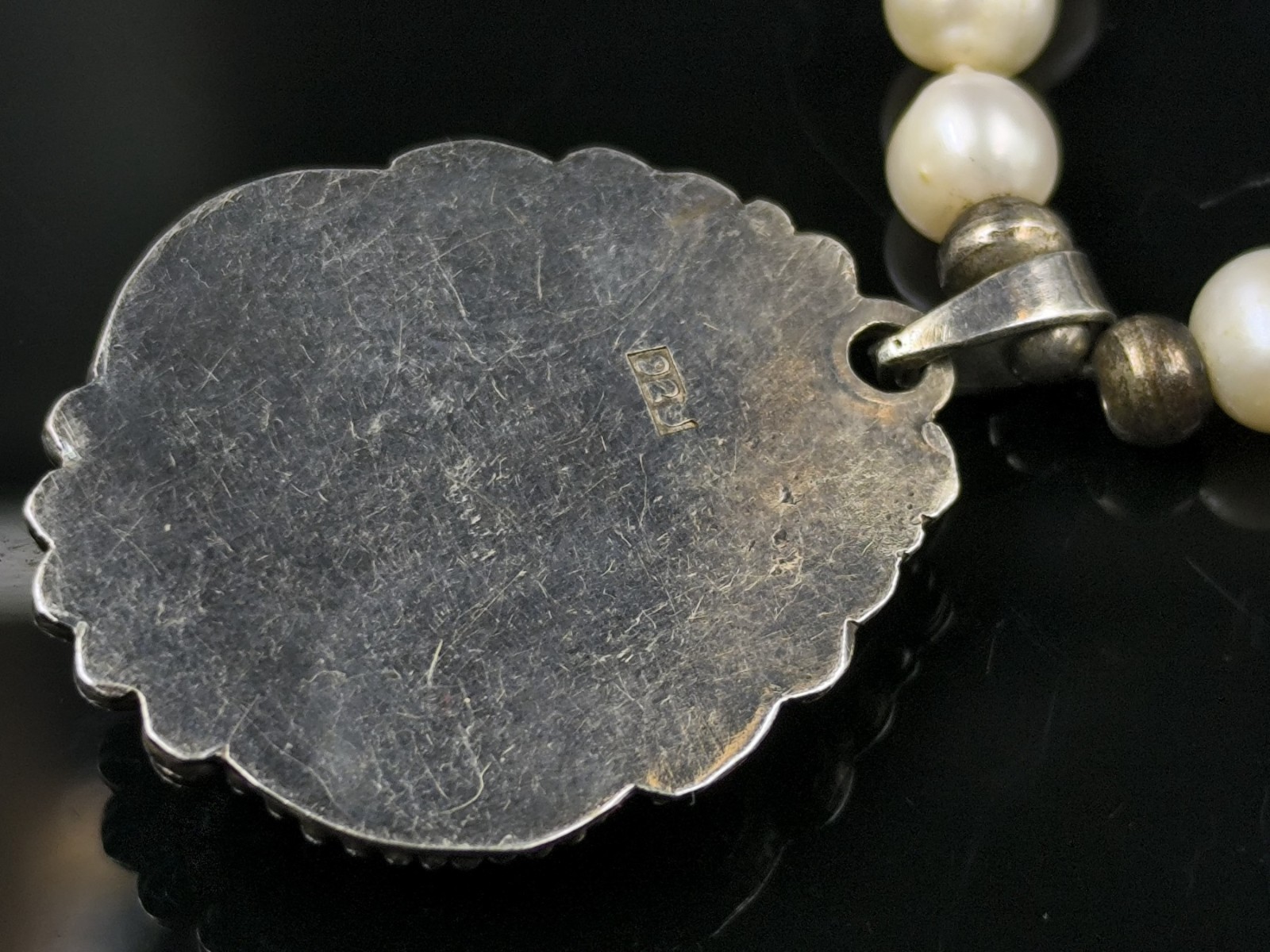 Vintage Cultured Pearl Necklace 925 Silver Natural Opal Pendant Marcasite Clasp