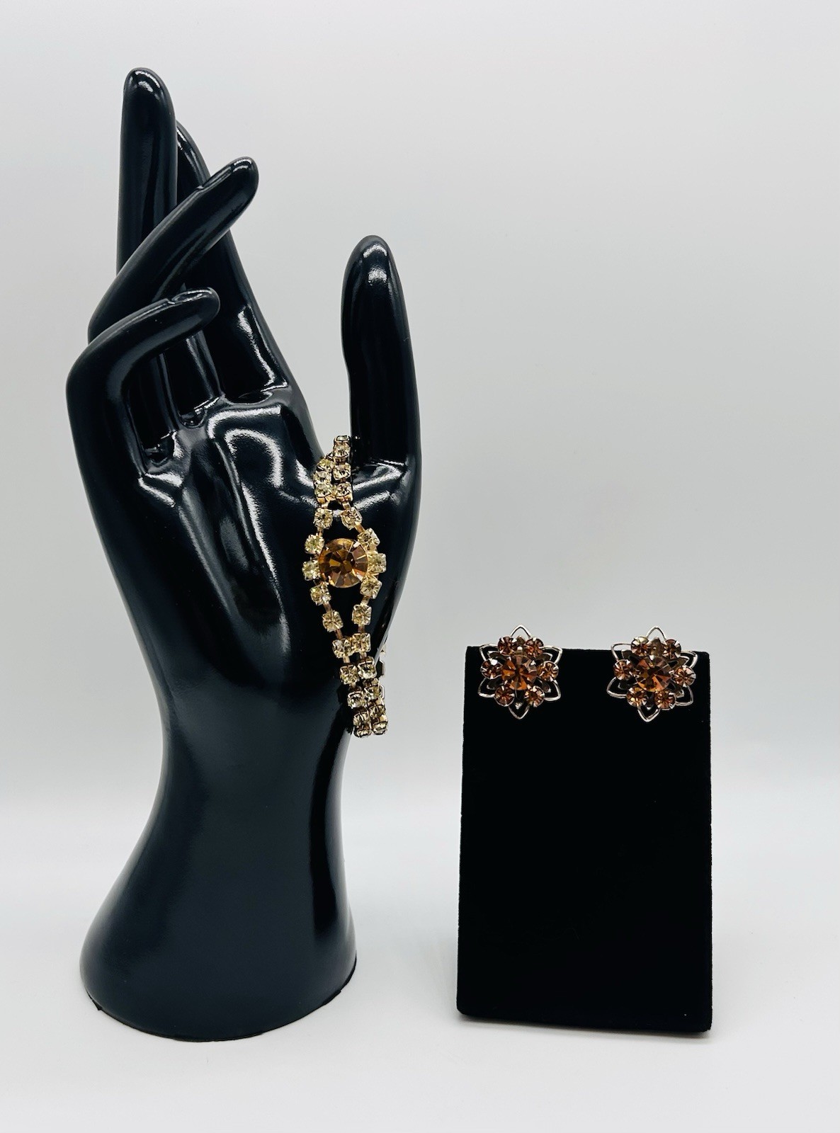Vtg -1950s-ORANGE AMBER-Rhinestone-BRACELET and Floral EARRINGS SET-Gold Tone