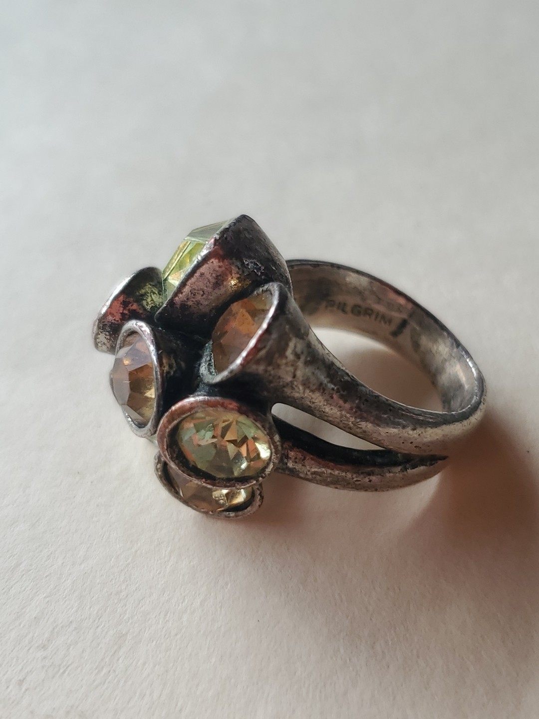 Pilgrim Vtg. Silvertone & Colored Stones Ring Sz. 6