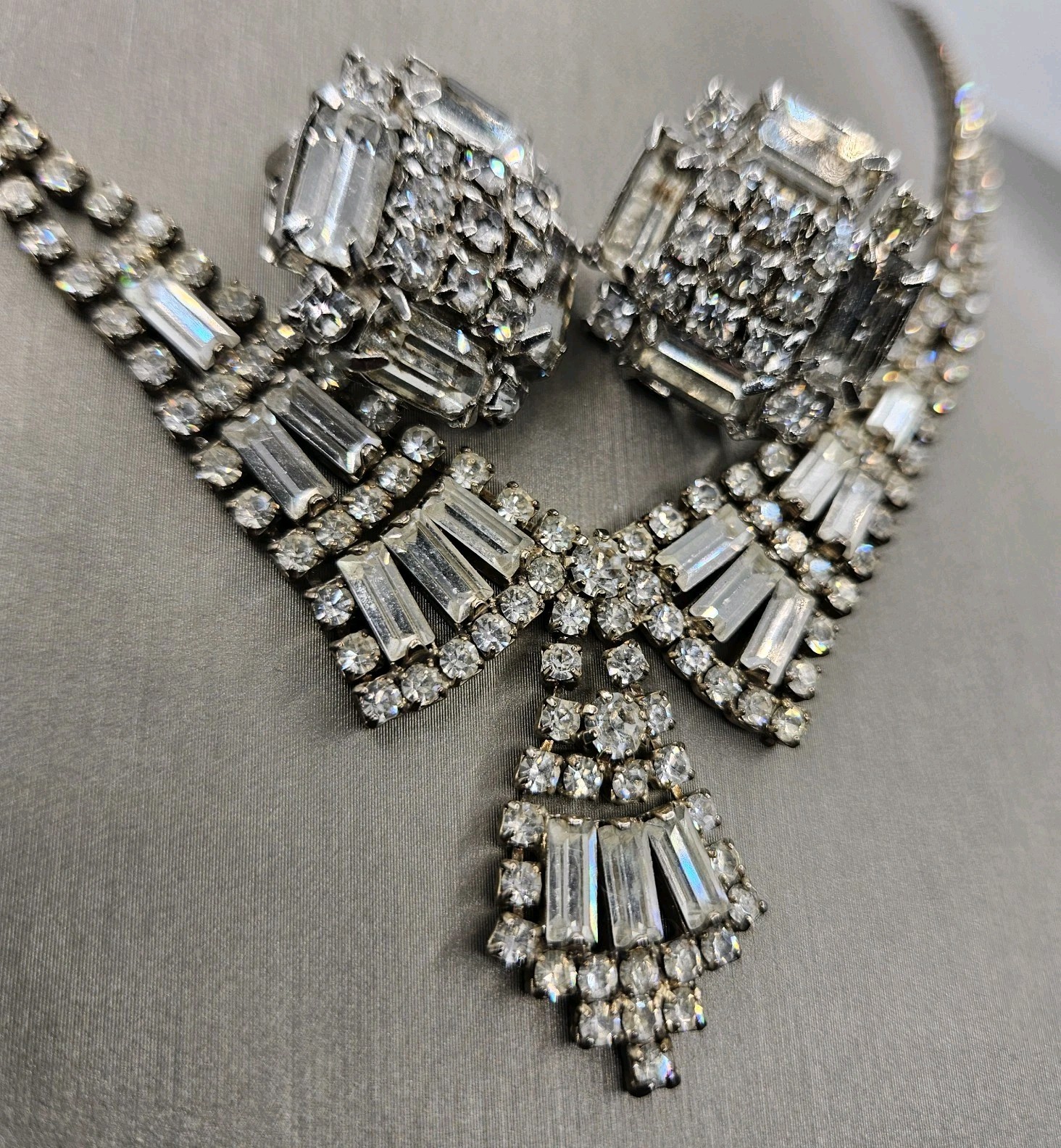 Vintage Art Deco Rhinestone Necklace Earrings Set Clear Baguette Pave Lot 15″