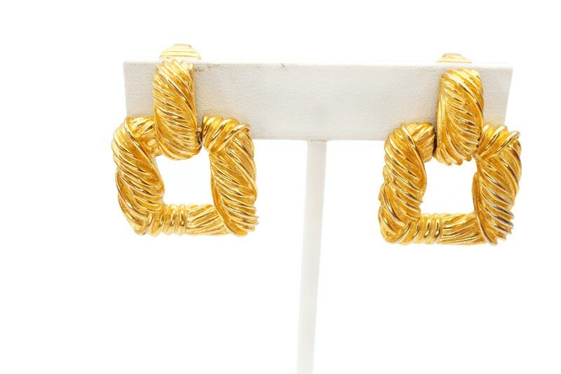 Vintage Clip On Earrings Gold Tone Doorknocker Textured