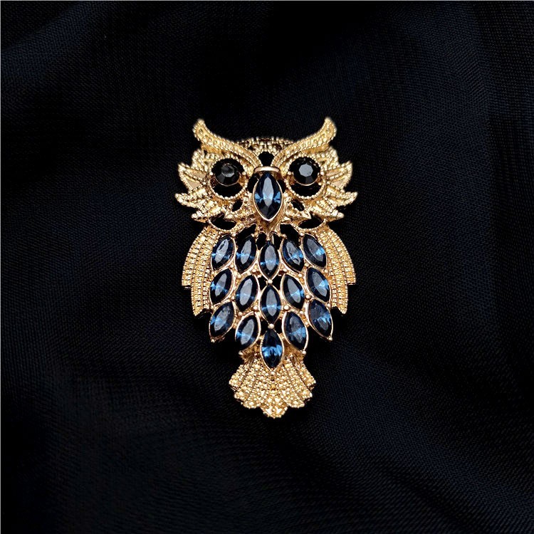 Blue Rhinestone Owl Vintage Brooch Gold Tone Animal Pin Cute Owl Pin