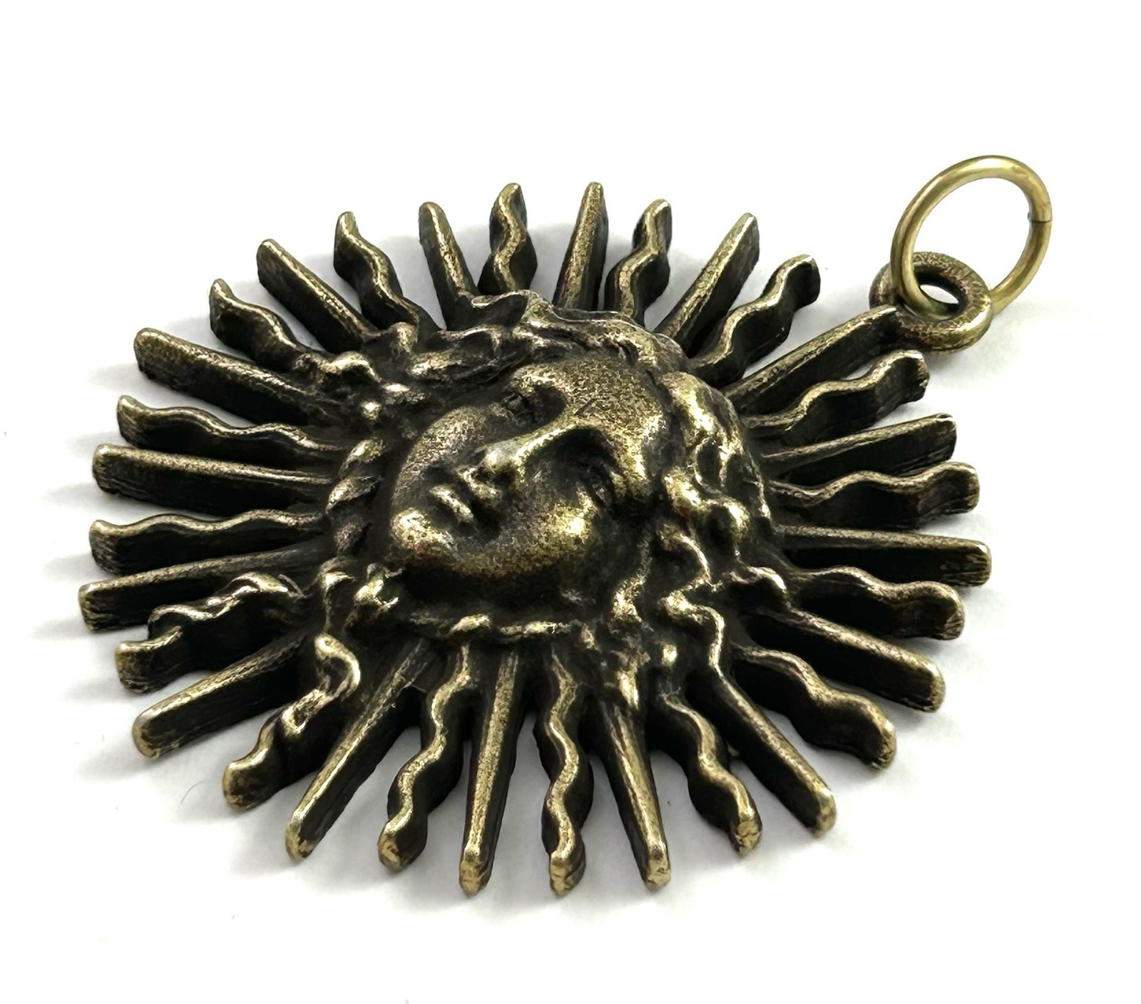 Vintage Pendant Sun Goddess Large Charm Antiqued Brass Metal Jewelry