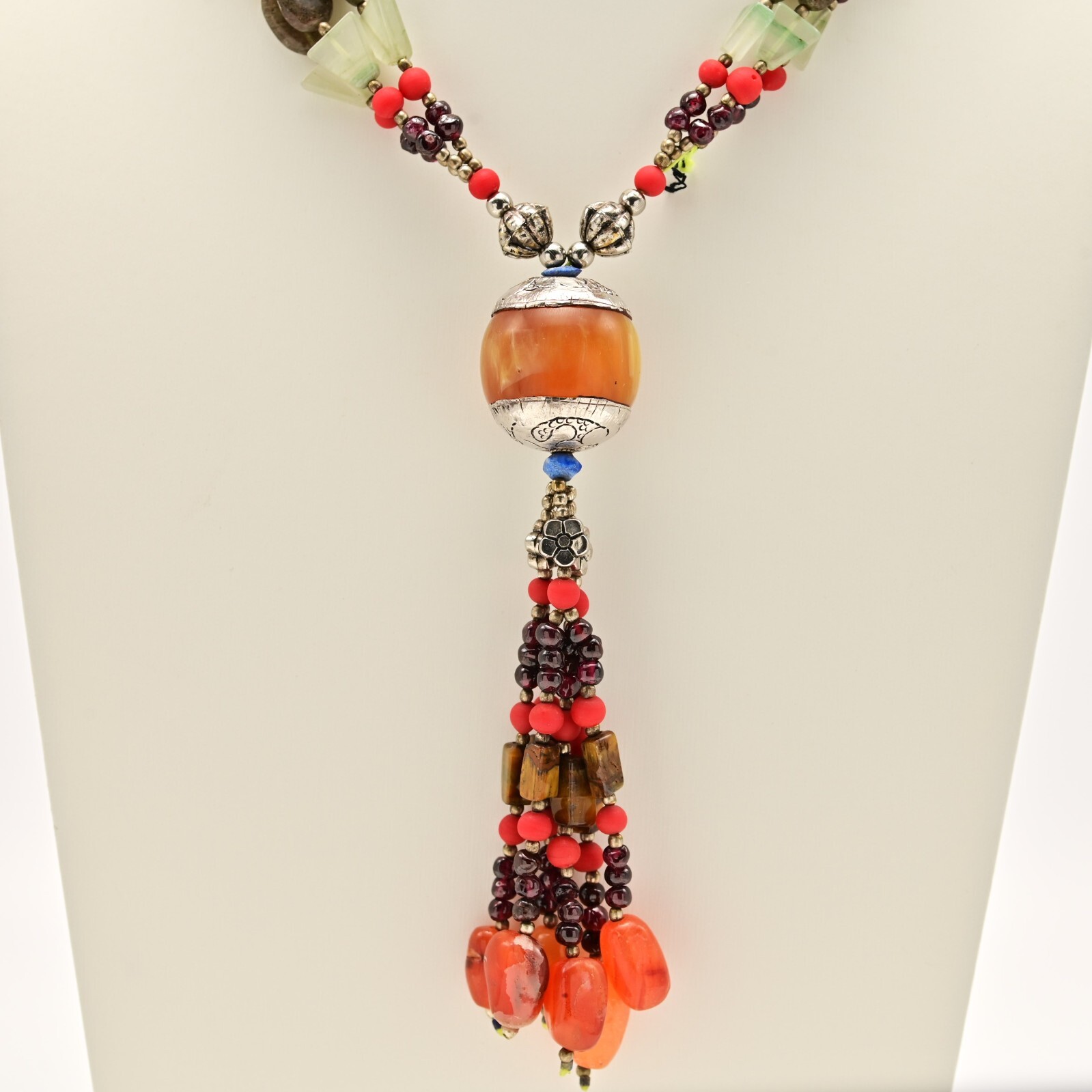 Vintage Original Sterling Silver Tribal Multi Gemstone Pendant Estate Necklace