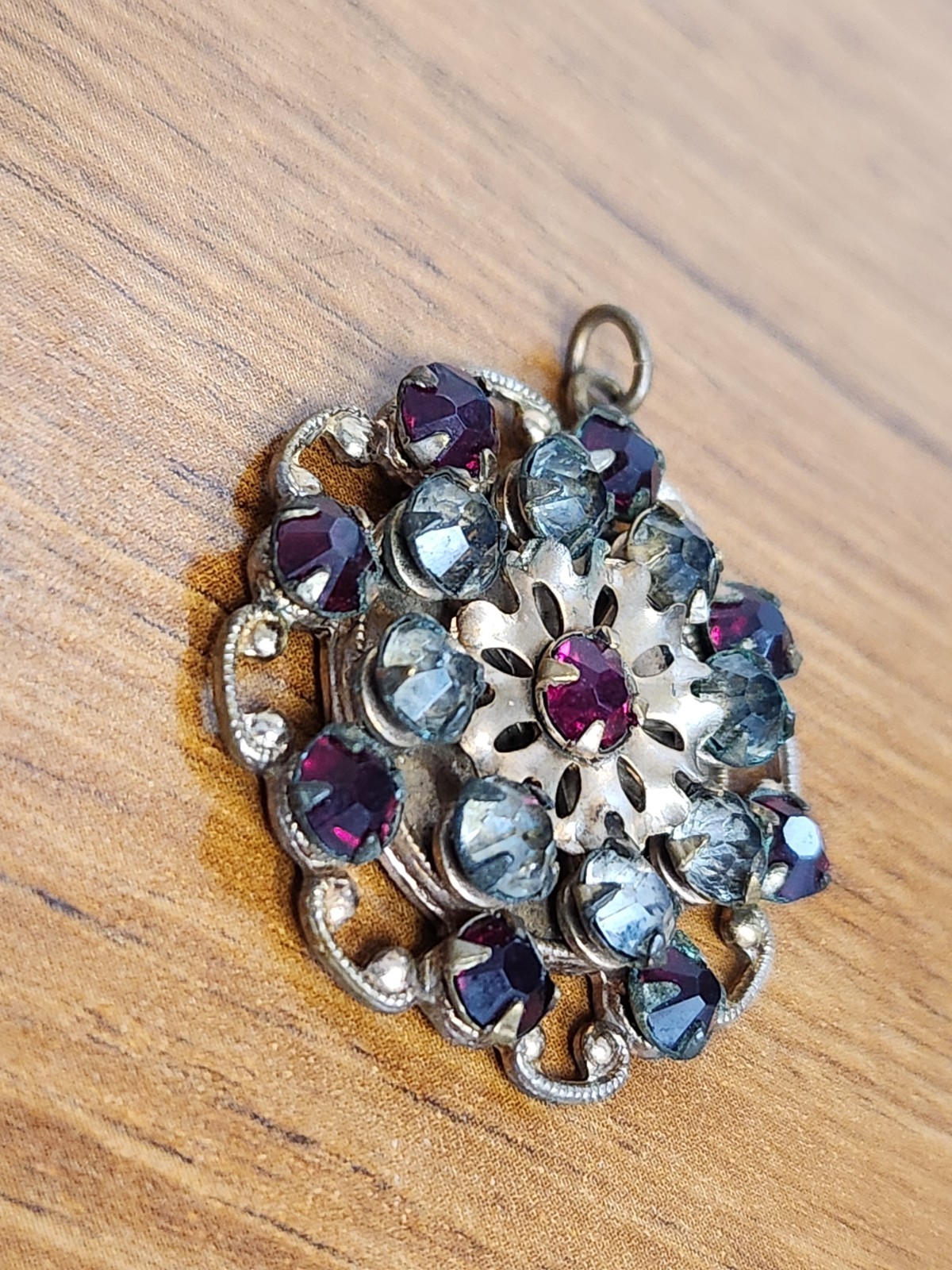 Goldtone w/Red & Clear Rhinestone Vintage Flower Pendant