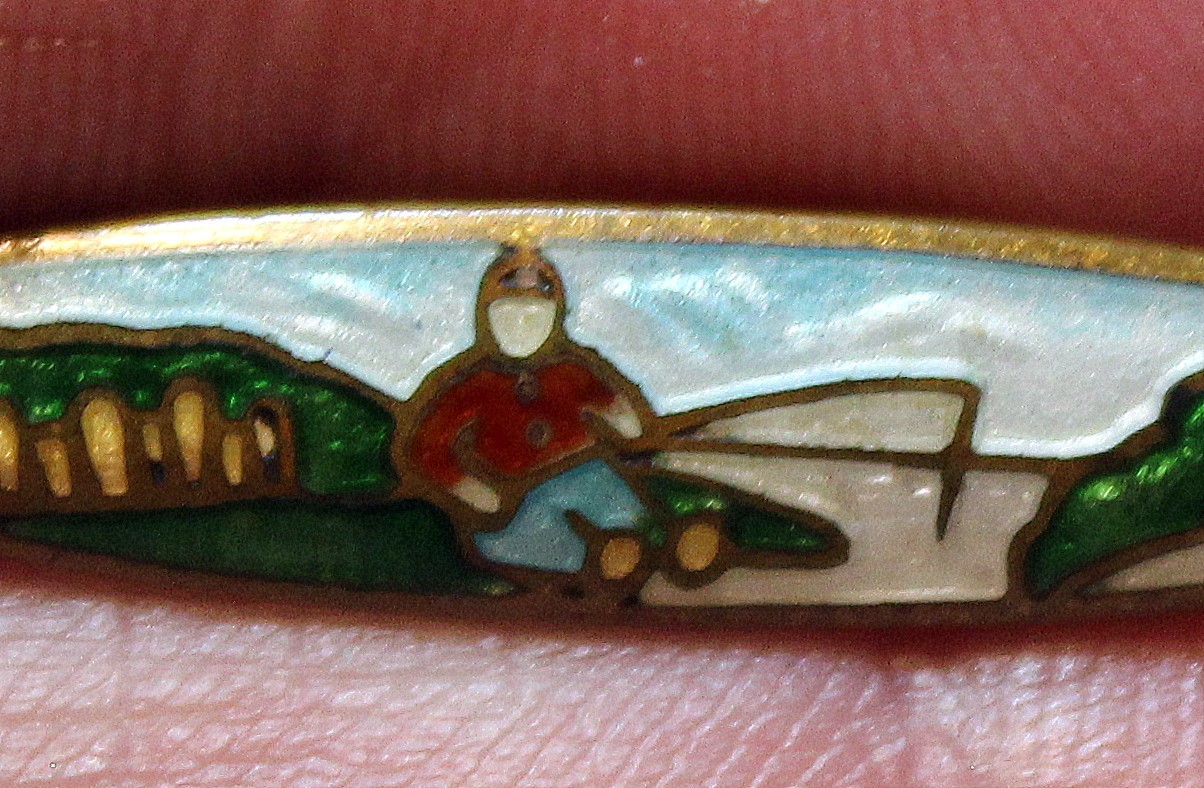 Small 1920’s Guilloché Enamel FLY FISHERMAN BROOCH Brass Pin