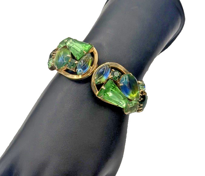 Vintage Gold Tone Bracelet w/ Blue & Green Stones • Bold Statement Jewelry