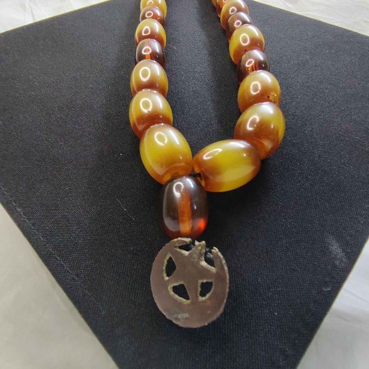 Vintage Style Amber Color Beaded Necklace Large Barrel Beads 128g Estate Jewelry