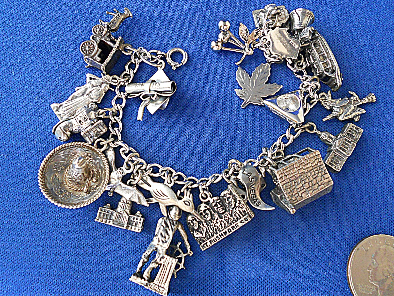 Vtg Sterling Silver 22 Charm Bracelet 67 Gs Travel Vegas Bat Witch Log Cabin etc