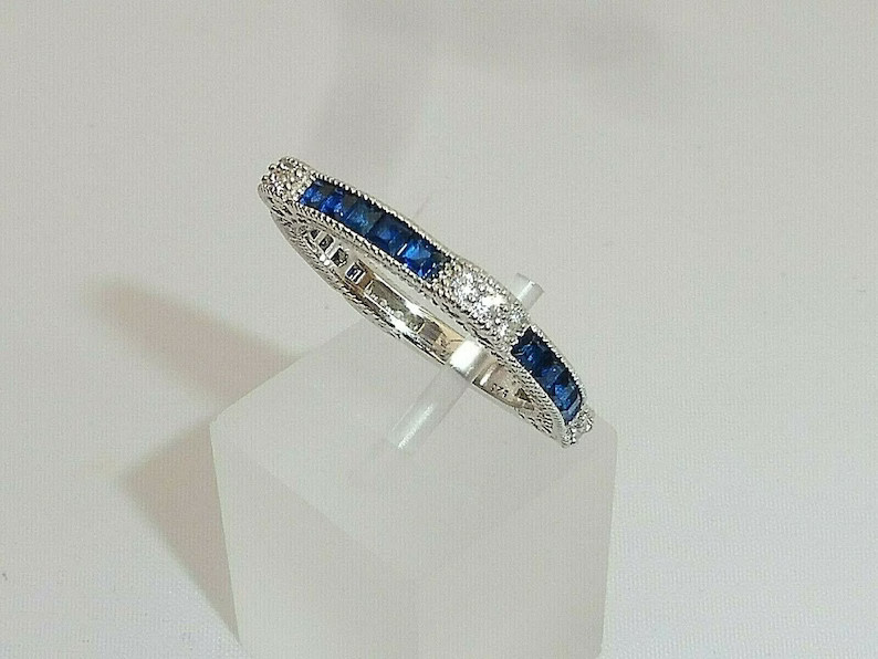 1/2 CTW Blue Baguette CZ Art Deco Antique Style Wedding Band Ring In 925 Silver