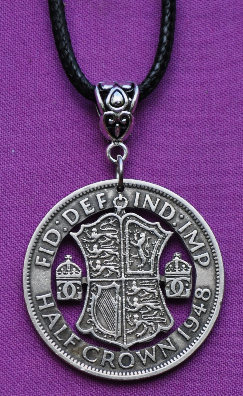 United Kingdom Large Half Crown Cut Coin Pendant Necklace