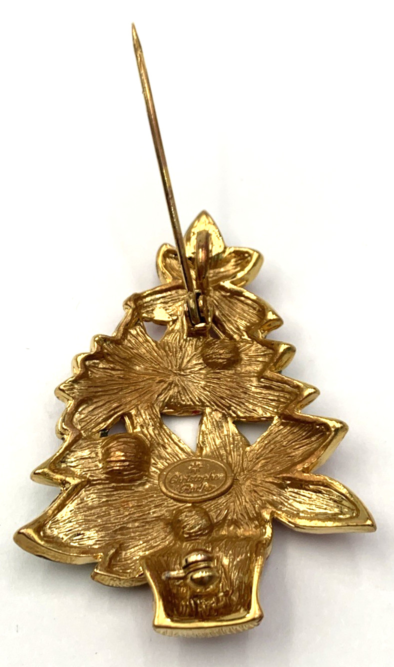 VTG Signed Christopher Radko Poinsettia Enamel Brooch Pendant 2-1/8 x 1-5-8”