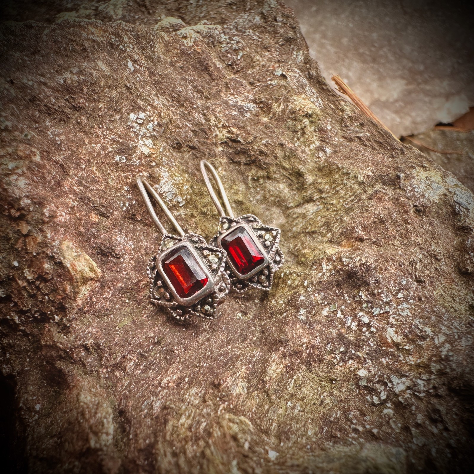 Sterling Silver 925 Hook Earrings With Red Colored Stone