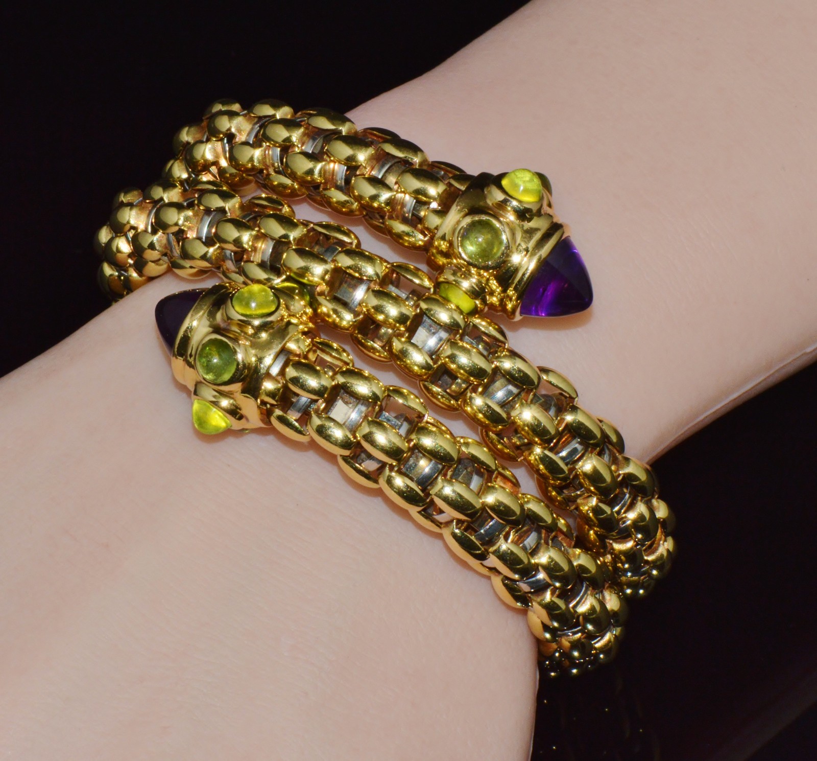 RARE VINTAGE FOPE AMETHYST 18K SOLID GOLD DOUBLE WRAP SNAKE FLEX’IT BRACELET