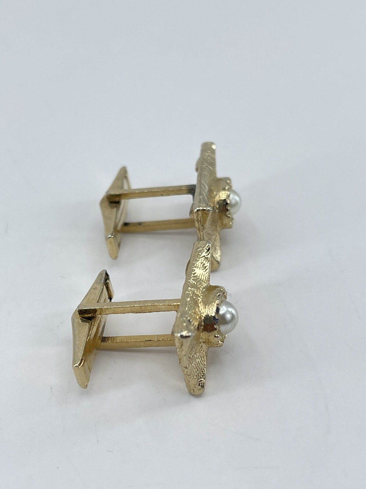 Vintage Faux Pearl mens cufflinks rectangle brushed gold tone concave whale back