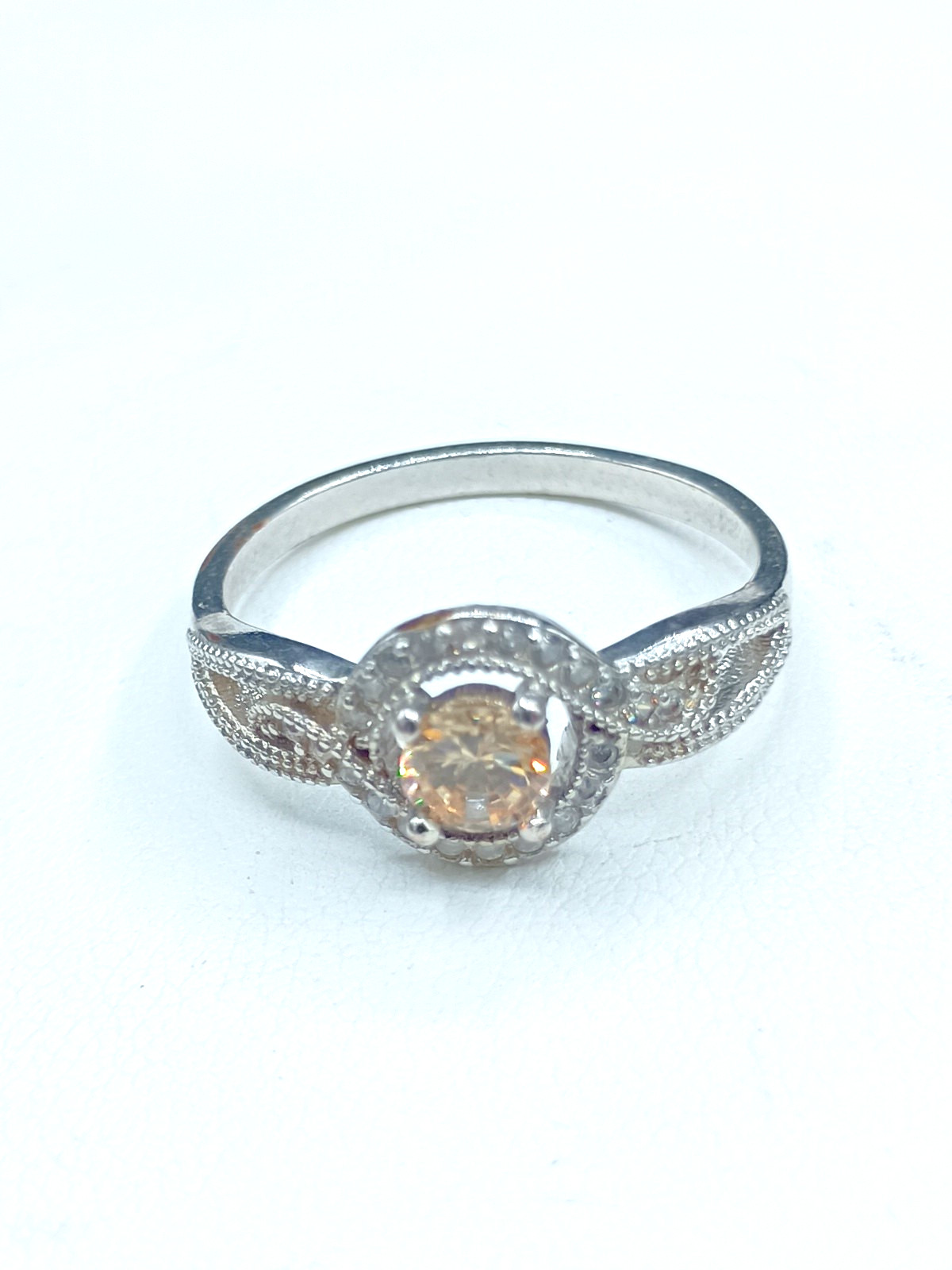 Champagne Clear Halo CZ Stone Cocktail Ring Fancy Split Shank Silver Tone Sz 10