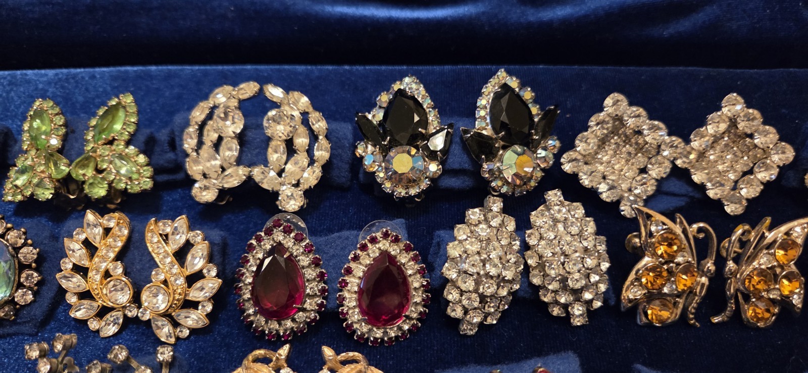 Vintage Rhinestone Earrings Lot Of 27. 12 Signed Monet Weiss Hobe Trifari Kramer