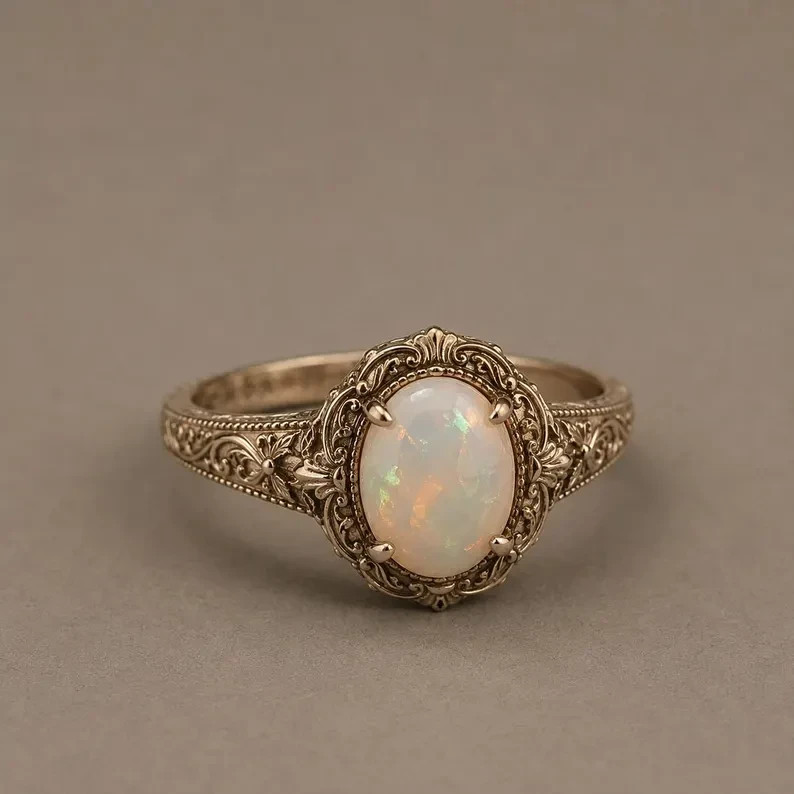 Natural Ethiopian Opal Ring 925 Sterling Silver Vintage Opal Oval Ring