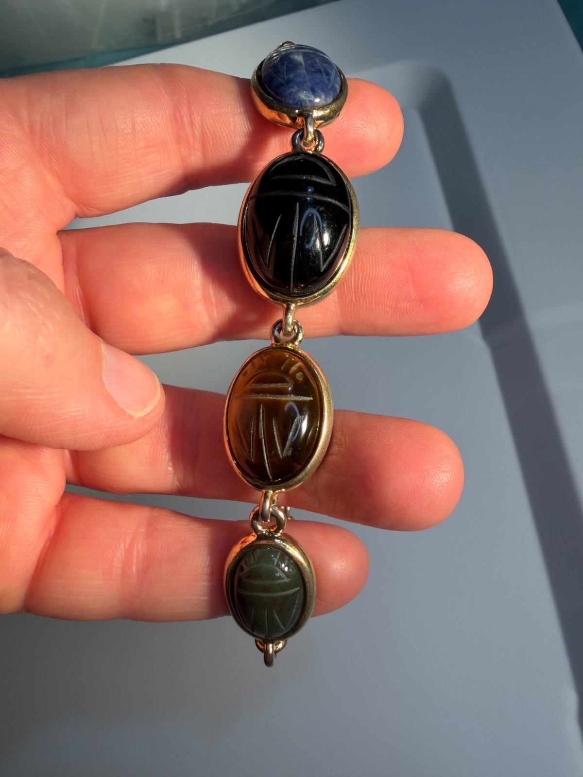 Vintage Multi Gemstone Egyptian Revival Scarab Link Bracelet Mid-Century Rainbow