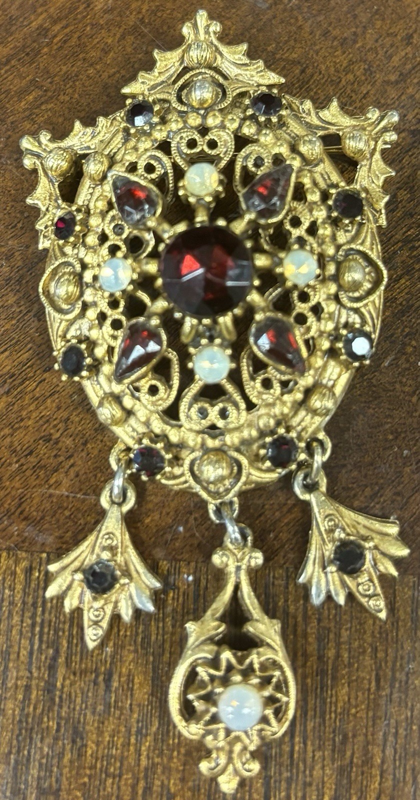 Vintage SIGNED Florenza Brooch Pendant Ring Set RARE HTF Garnet Red Gold Dangle