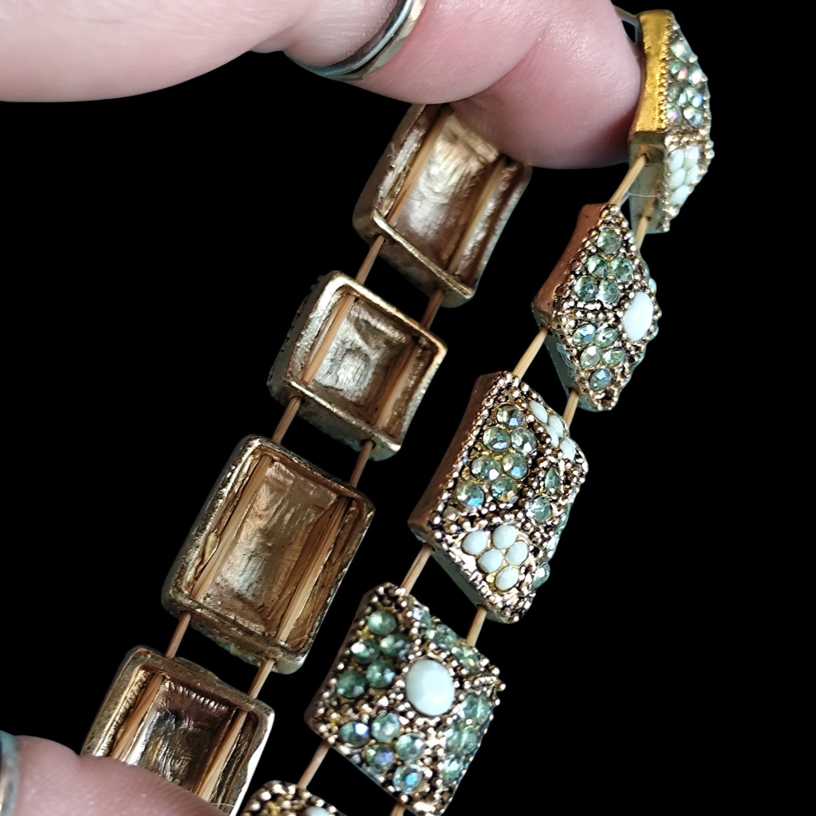 Vintage Mint Green Opaline Glass Rhinestone Block Stretch Bracelet 7.5in