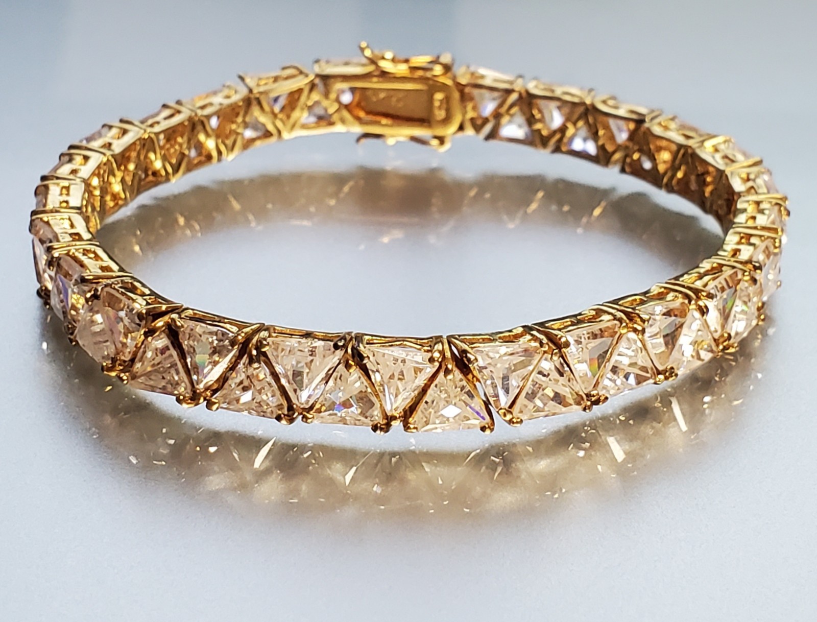 VTG 925 GL Trillion Cut Tennis Bracelet 7in Sterling Silver Vermeil 25gtw CZ