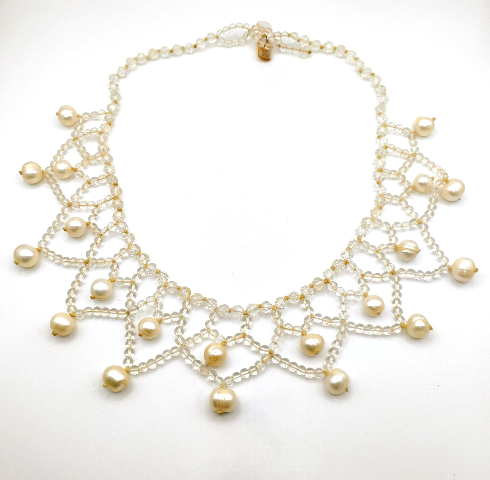 Vintage Cultured Pearl Bib Necklace Clear Glass Beads 21in