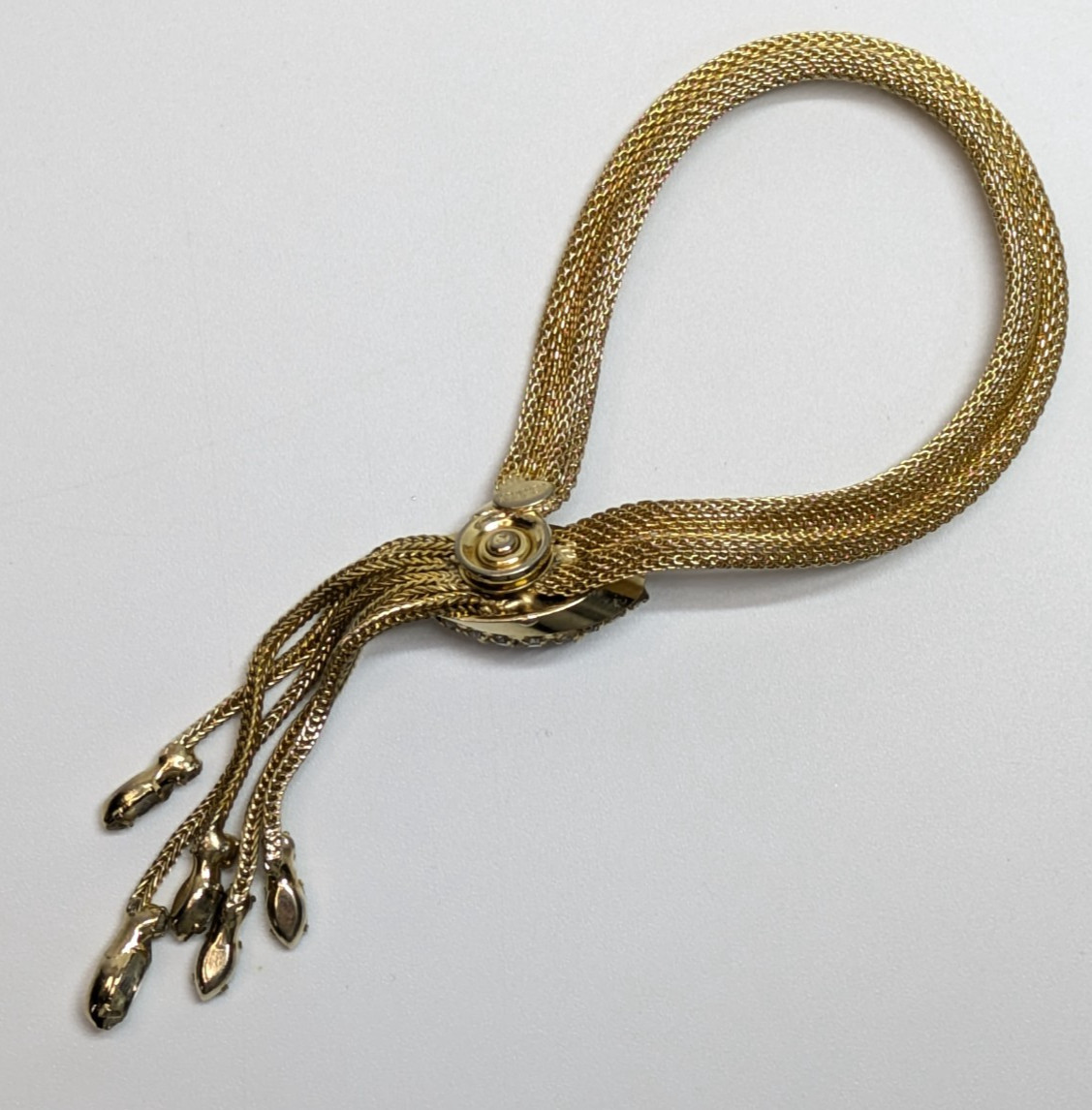 VTG Kramer Mesh Gold Tone Snap Tassel Bracelet Clear Rhinestones 7″ Long