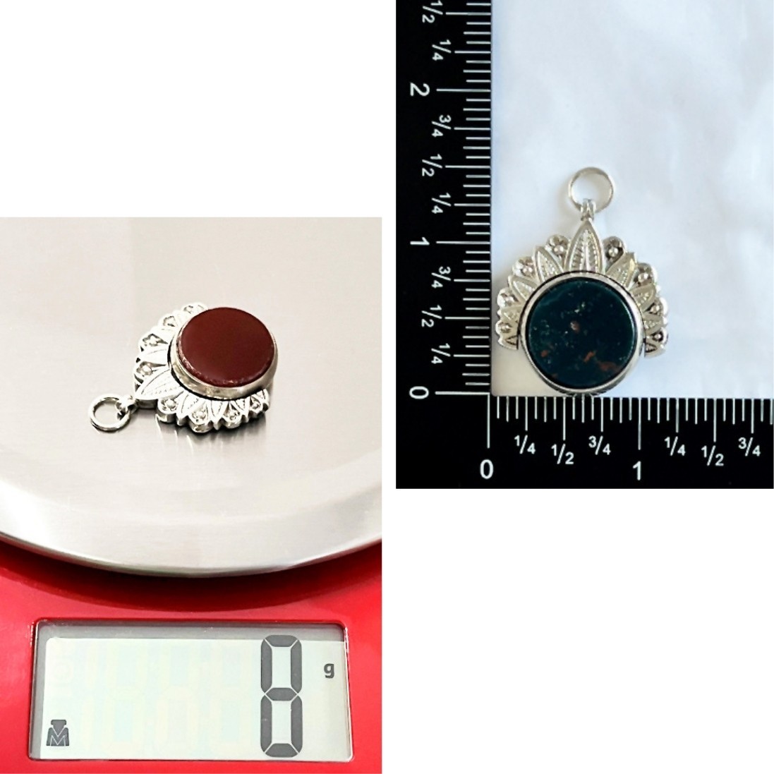 Antique 1800’s Victorian Bloodstone + Carnelian Fob Pendant *Birmingham Silver*