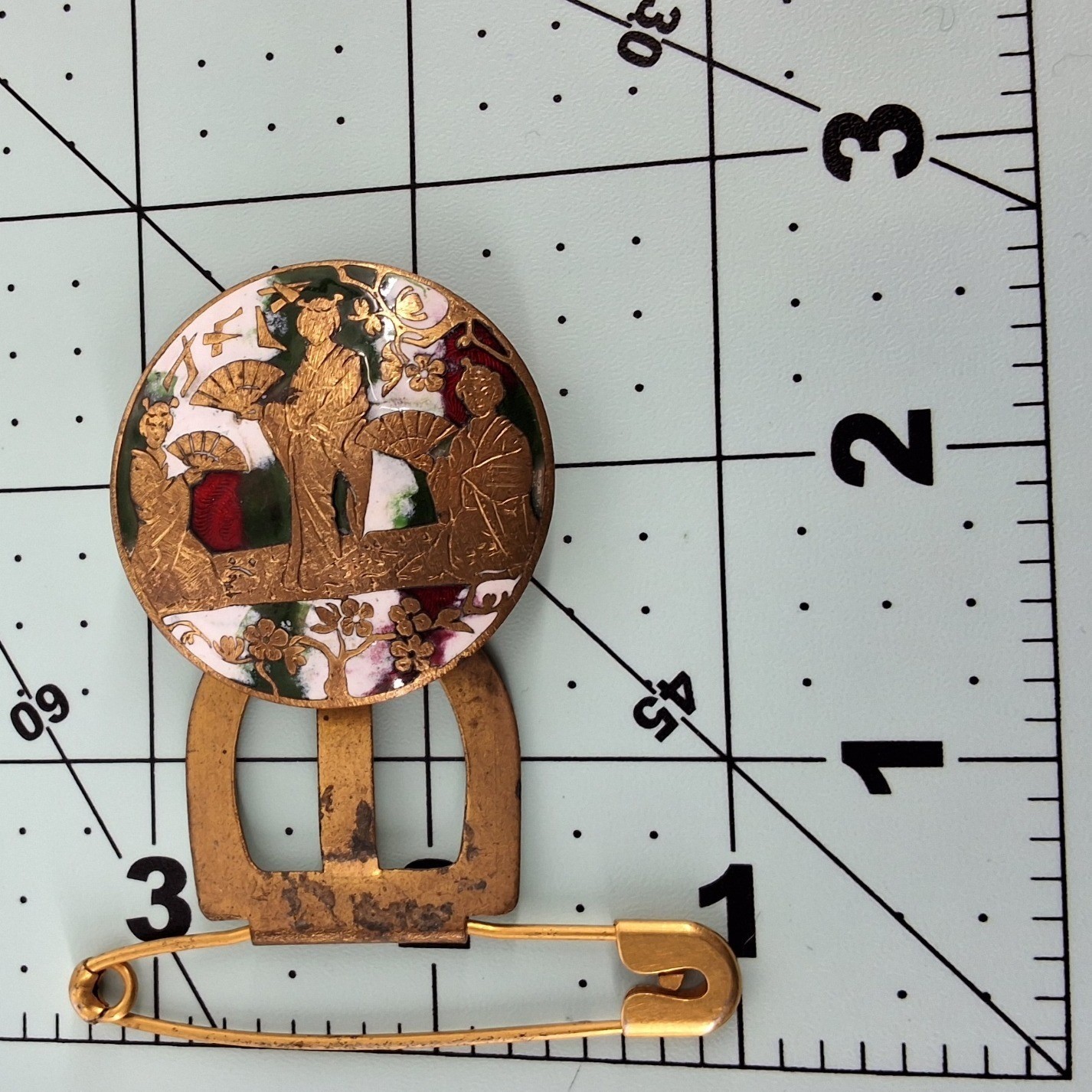 Antique 1905 Patented Satsuma Earthenware Button Brooch Japanese Meiji Sash Pin
