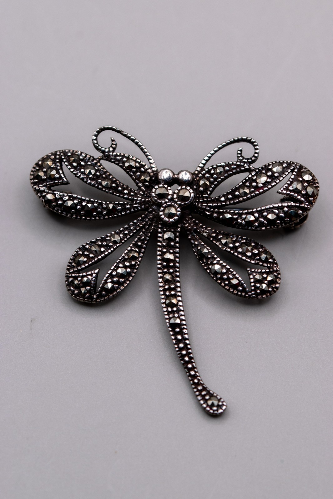 Vintage 925 Sterling Silver Marcasite Dragonfly Brooch Pin Art Deco 1.5″ 5.6g