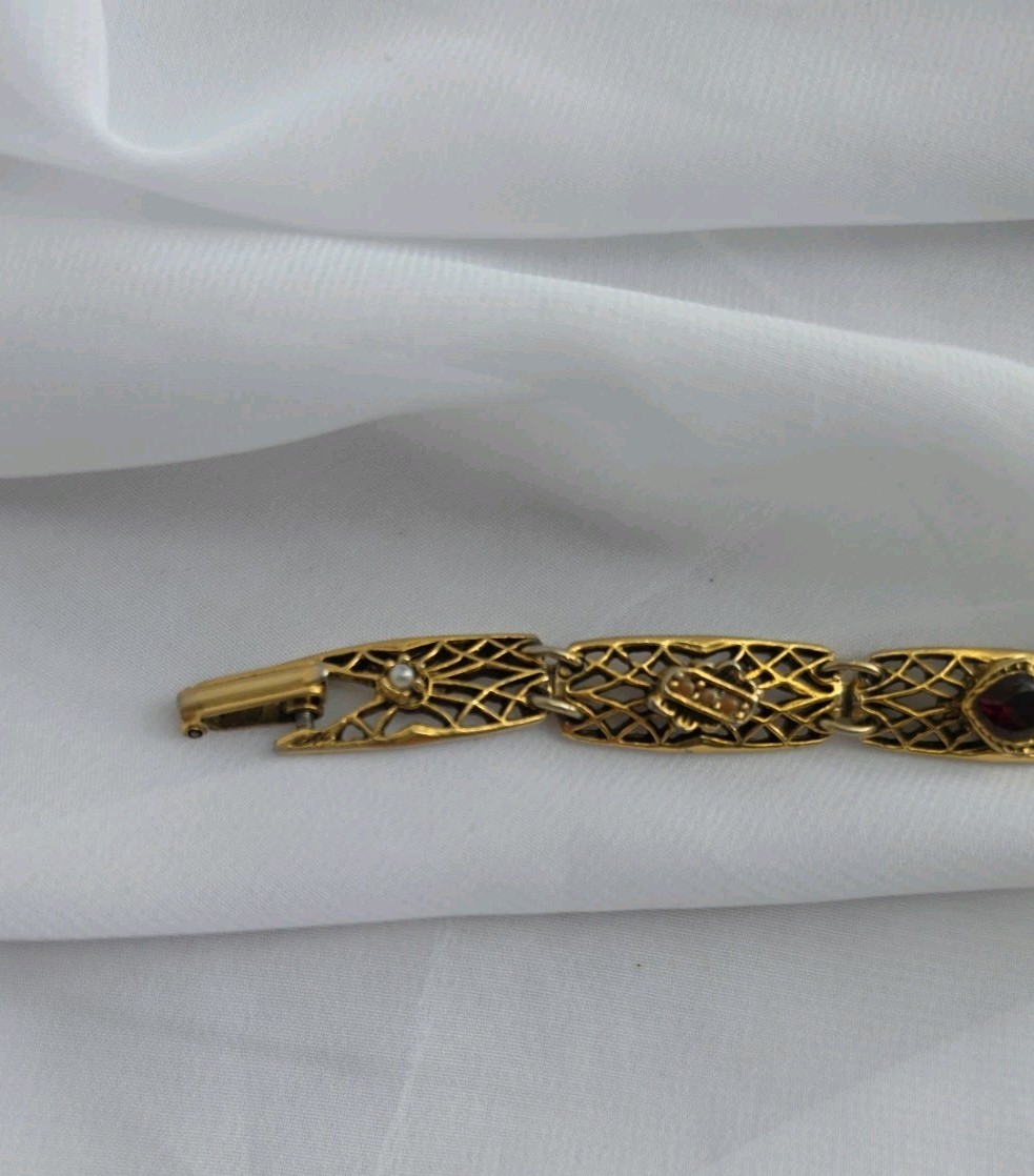 1960s Goldette NY Multi-Stone Gold Tone Bracelet 7.25″ Lattice Links