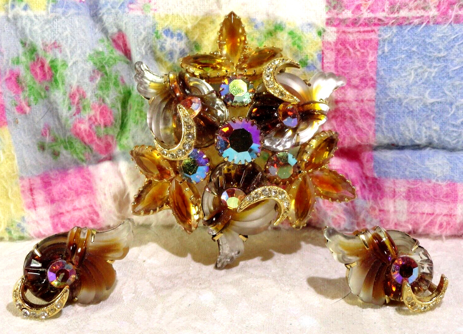 VTG AMAZING EDLEE TOPAZ GIVRE’ MOLDED/ART GLASS ORANGY RS BROOCH PIN EARRING SET