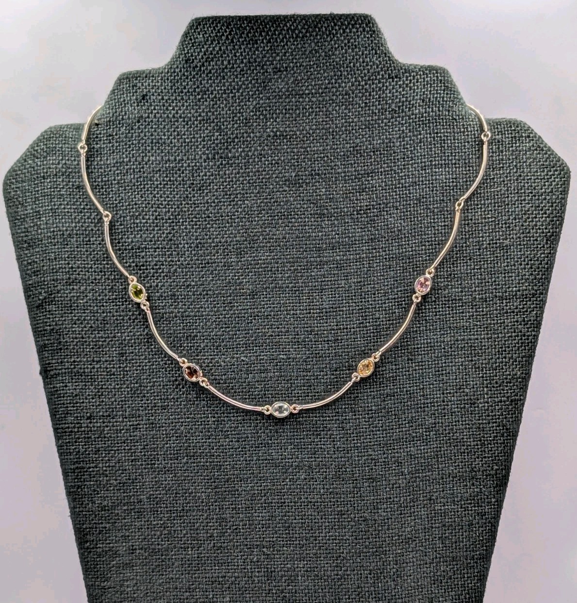 Vtg Sterling Silver Lab Created Gemstones Curved Tube Links 925 Necklace – 17.5″