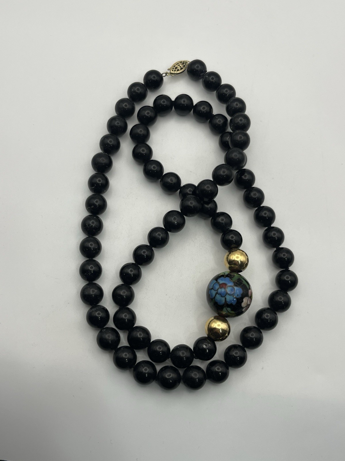 Gold filled Chinese cloisonné flower beaded black vintage necklace