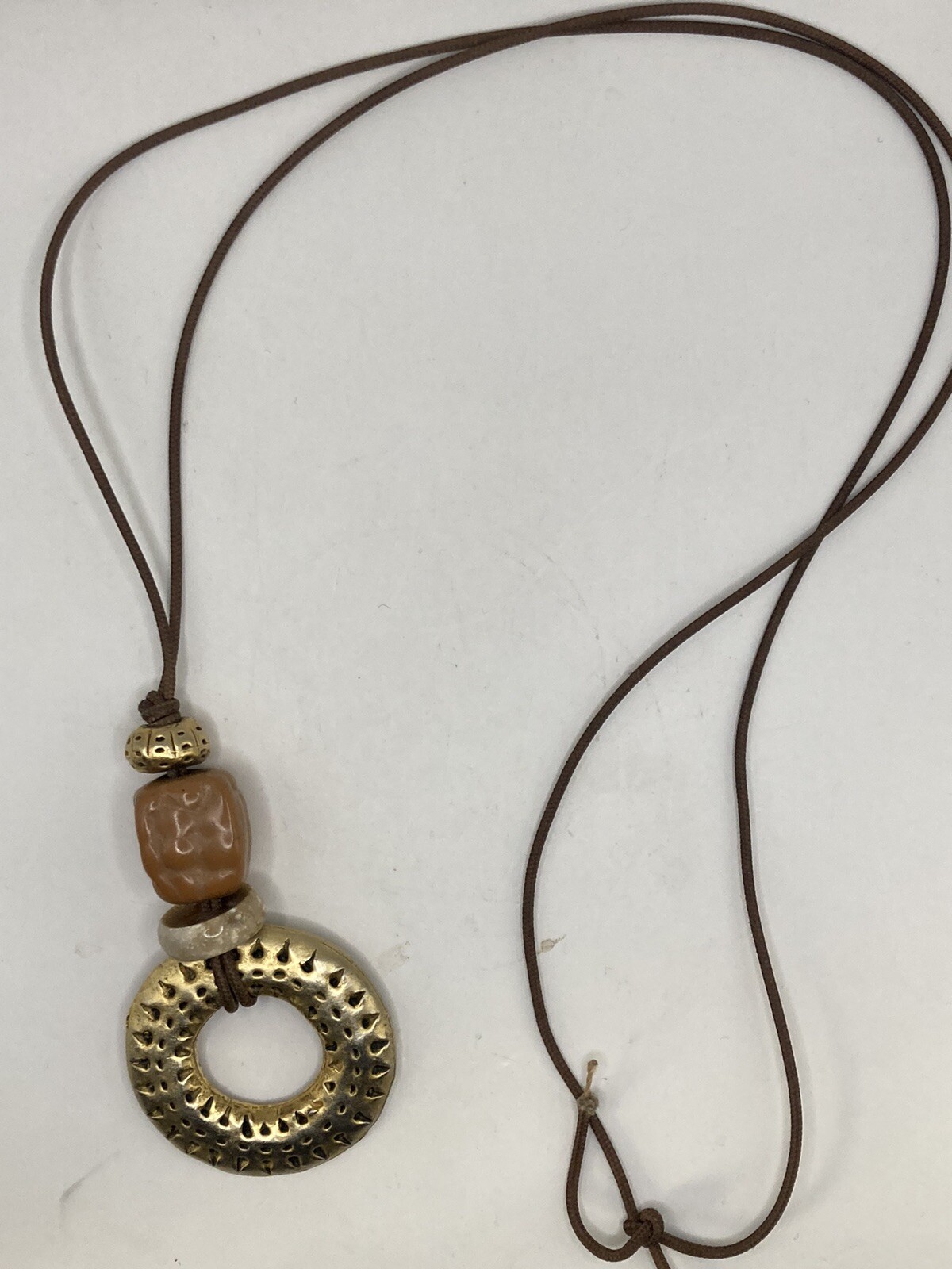 Vintage Necklace Signed EH Etruscan Medallion Circle Goldtone on Cord Earthy 32”