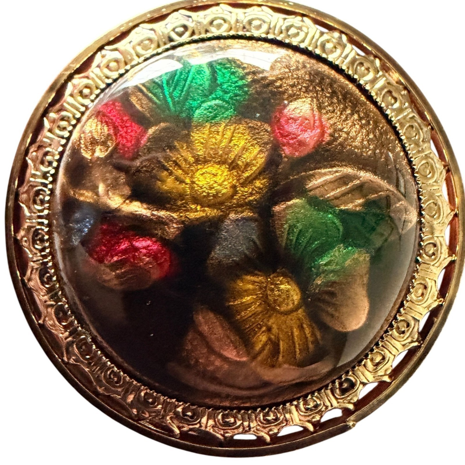 Vintage Reverse Carved Lucite Brooch Gold Tone Floral Pin 1950s New Old Stock