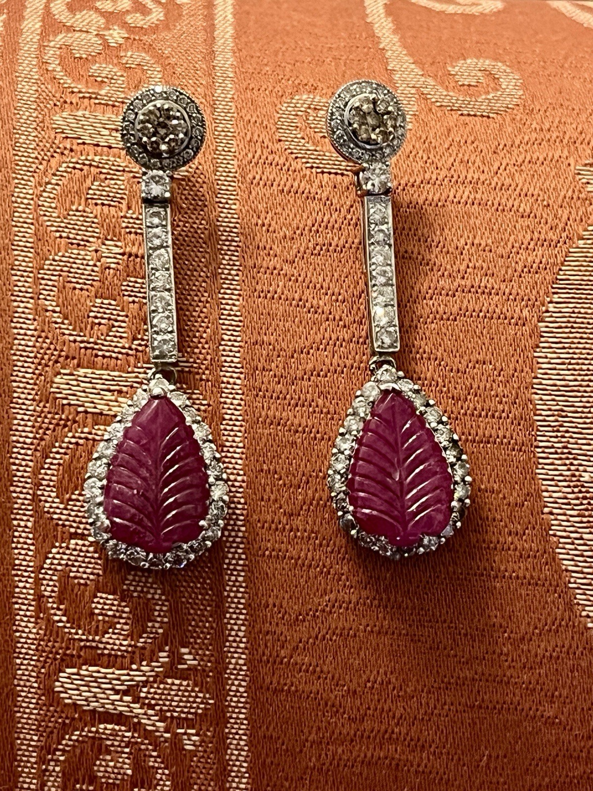 Large 14K Solid Gold Authentic Natural Ruby Diamond Leaf Earrings AGI Certified!